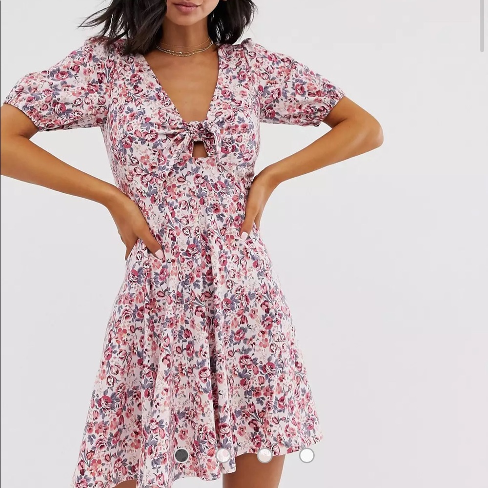 ASOS DESIGN Tie Front Mini Tea Dress In Vintage Floral with Puff Short S…